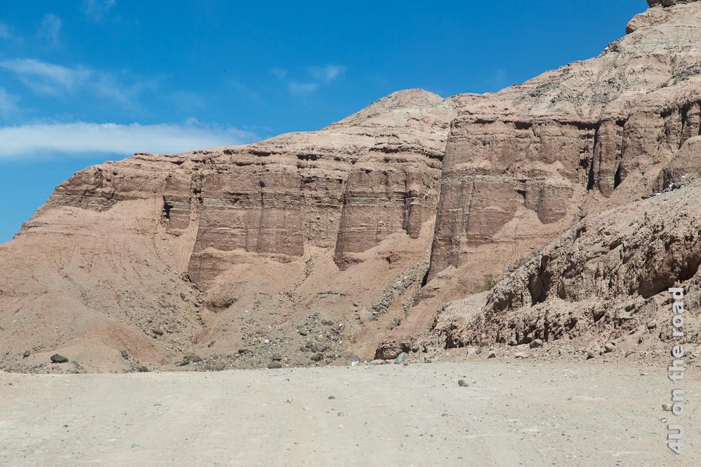 Bild Die Berge verändern ihr Aussehen (Valle Calchaquies). Rotbraun wachsen sie fast senkrecht aus der Talsohle nach oben wie die Mauern einer Trutzburg. An ihren Füssen Schüttkegel von rotbraunem Sand und kleinen Steinen aus ihrer Verwitterung.