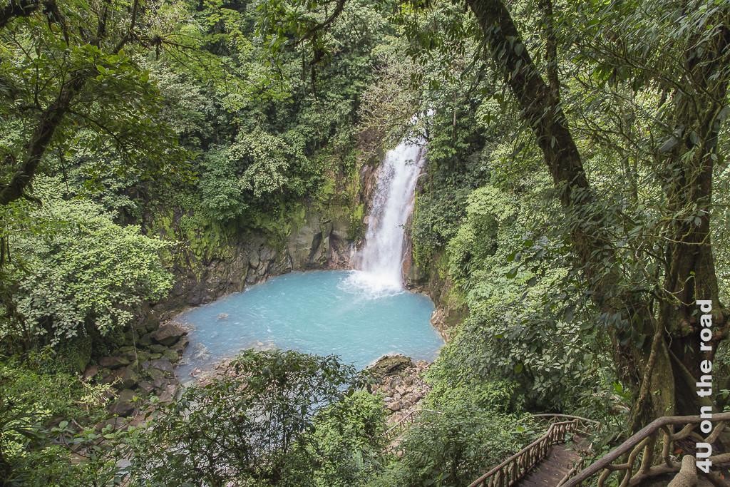 Bild Treppen zum blauen Wasserfall, Vulkan Tenorio Nationalpark, zeigt milchblauen Wasserfall in grünem Dschungel und steile Treppen hinuter