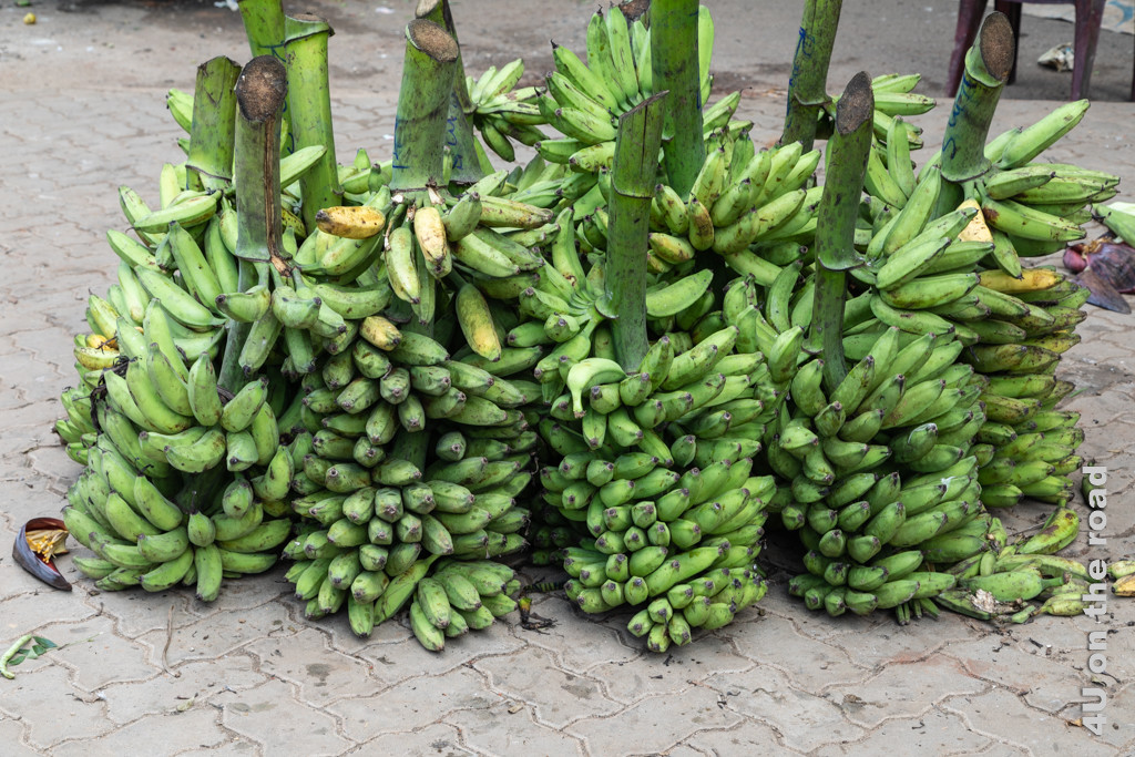 Bananenstauden stehen für den Abtransport bereit und warten nur noch auf den Träger vor der Markthalle in Dambulla.