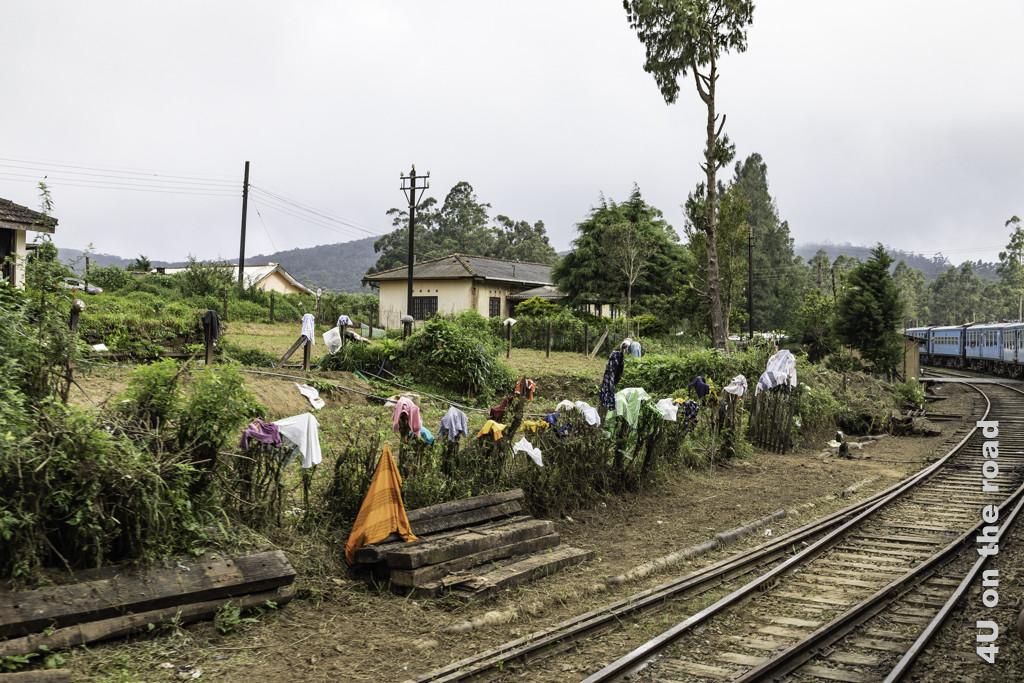 Wäschetrocknen neben den Gleisen an der Zugstrecke von Nuwara Eliya nach Ella