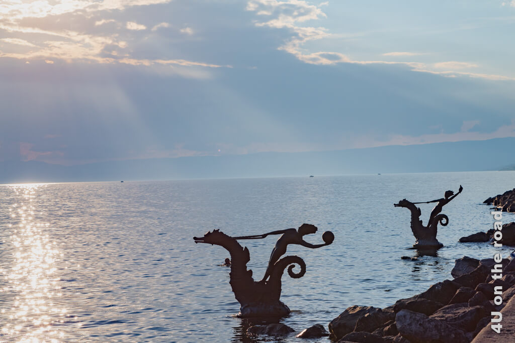 Das Gegenlicht betont die Bewegung der Reiter auf den Seepferden im Wasser Herbstfotos Ideen