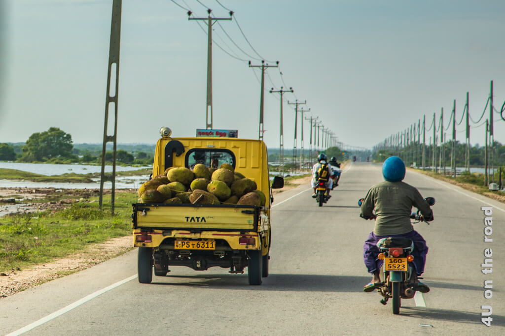 Ein gelber Tata Transporter ist voll beladen mit Jack Früchten. Motorräder überholen ihn. Die Lagunen reichen auf beiden Seiten bis zur Strasse. Halbinsel Kalpitiya 