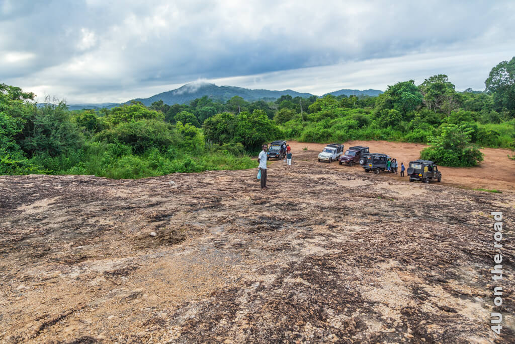Von oben schauen wir den Felsen hinab zu den wartenden Safari Jeeps, die üppig grüne Landschaft aus der eine Bergkette ragt. Inzwischen sind dicke Wolken am Himmel. Safari im Hurulu Eco Park