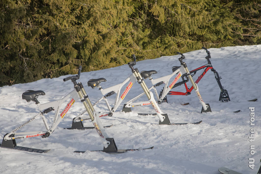 Vier dieser Fahrräder, die statt Rädern Skier an den Achsen haben. Winterwandern Sörenberg