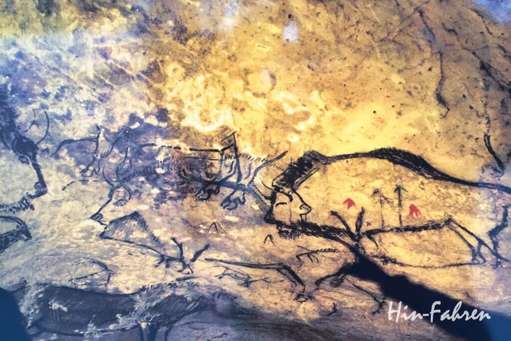 Plakat von Höhlenmalereien aus Niaux zeigt verschiedene Tiere auf dem Fels
