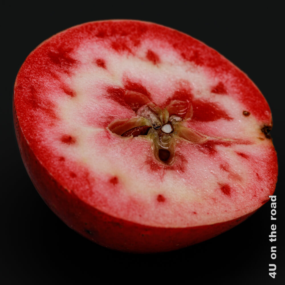 In der Kategorie Obst leuchtet ein frisch angeschnittener Redlove Apfel mit seinem rot-weissen Fruchtfleisch Muster.