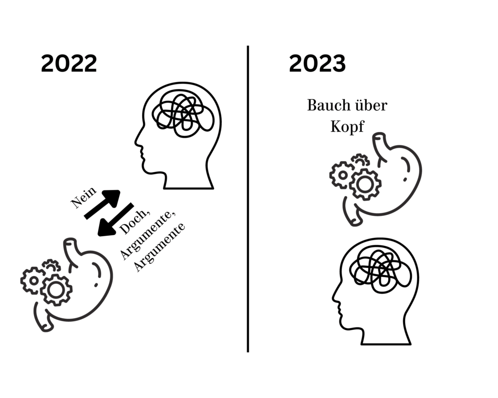 Die Learnings im Jahresrückblick 2022 waren, dass der Kopf zu oft die Intuition übersteuert hat. Deshalb heisst es 2023 Bauch über Kopf.