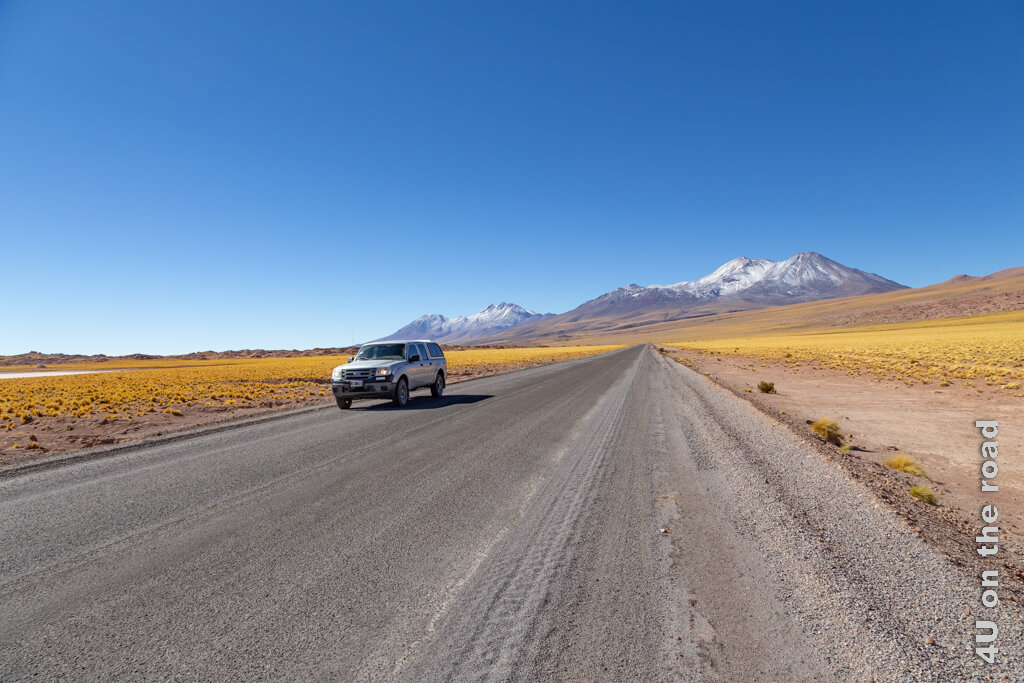 Rusty, unser verbeulter Pickup steht am Rand einer Strasse, mit Gräsern in der Farbe reifen Getreides und im Hintergrund schneebedeckte Vulkane und blauer Himmel. Der Inbegriff eines Roadtrips. - San Pedro de Atacama