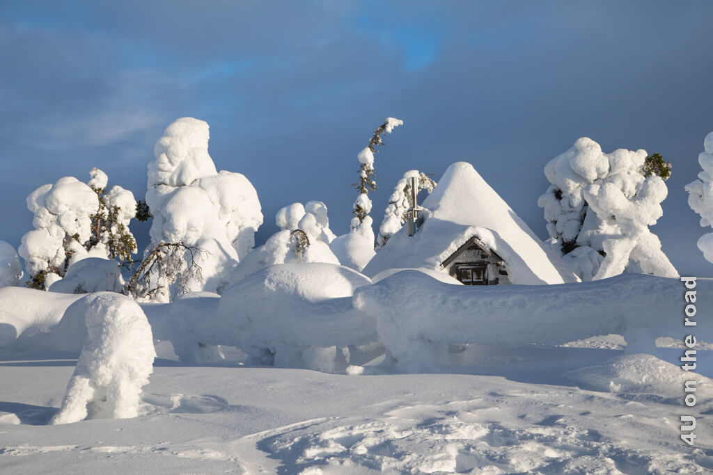 Feature Rovaniemi im Winter zeigt eine märchenhaft verschneite Landschaft mit einer Holzhütte und Baumskulpturen