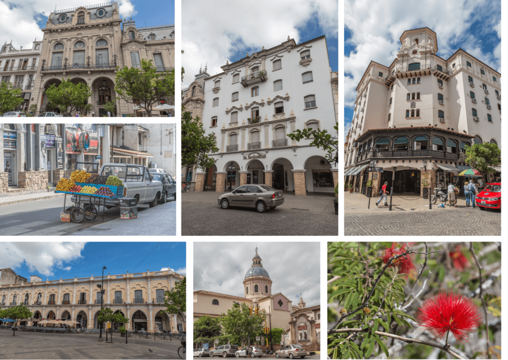 Sieben Teilbilder mit Impressionen aus Salta, alten gebäuden, alten Autos und schönen Blumen. Sehenswürdigkeiten in Salta
