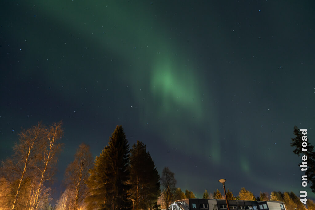 Vom Parkplatz der Schule schauen wir auf Häuser, von Strassenlaternen erleuchtete Bäume und die Polarlichter über Rovaniemi im Winter