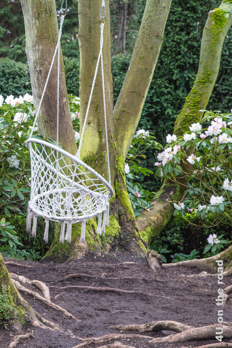Ein weisser Hängestuhl aus Makramee hängt in den Bäumen, umgeben von weiss blühenden Rhododendren.