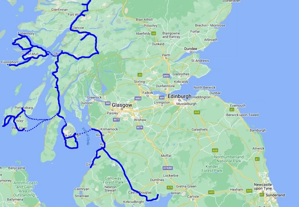 Karte westliches Schottland und Innere Hebriden mit unserer Route von Dumfries bis Fort William