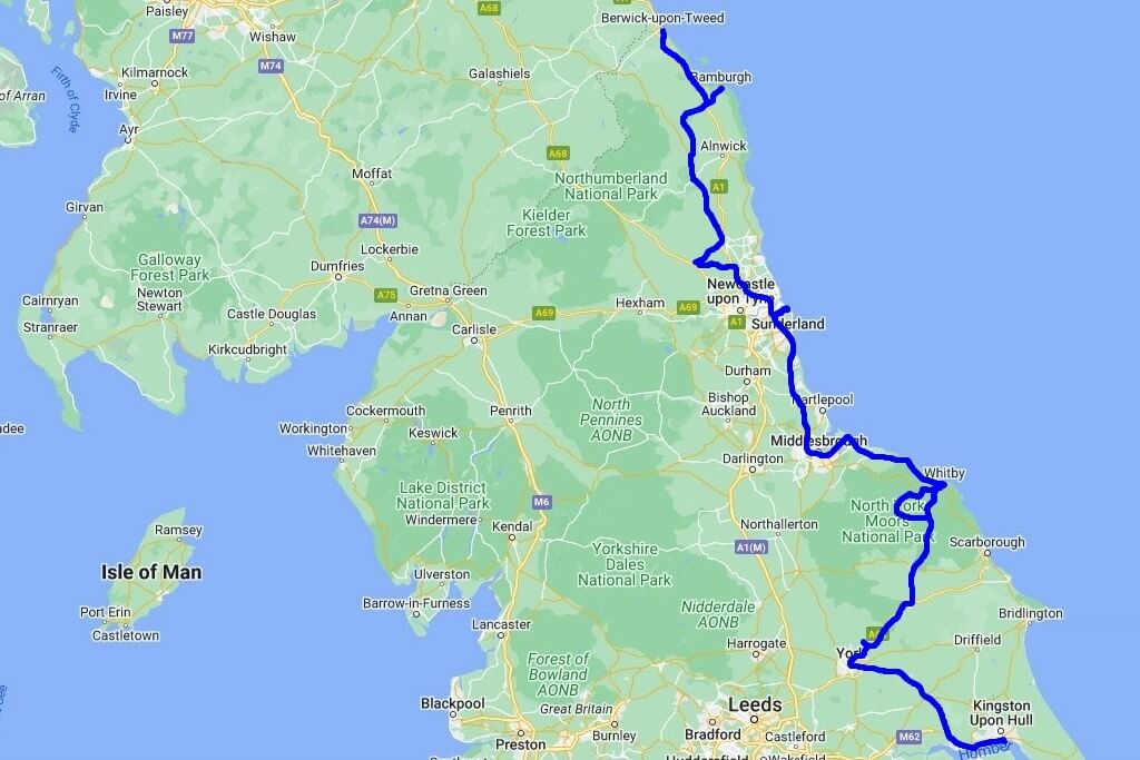 Karte von Northumberland und Yorkshire mit dem letzten Teil unserer Route entlang der Ostküste von Berwick-upon-Tweed bis Hull
