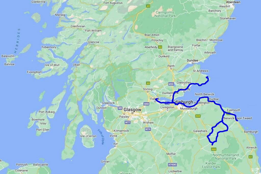 Karte des zentralen und südlichen Schottland mit unserer Route von St. Andrews bis Berwick-upon-Tweed. Roadtrip durch Schottland mit dem Wohnmobil